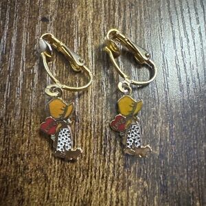 Vintage Stamped HOLLY HOBBIE Taiwan Love Dangle Charm Heart Dog Clip on Earrings